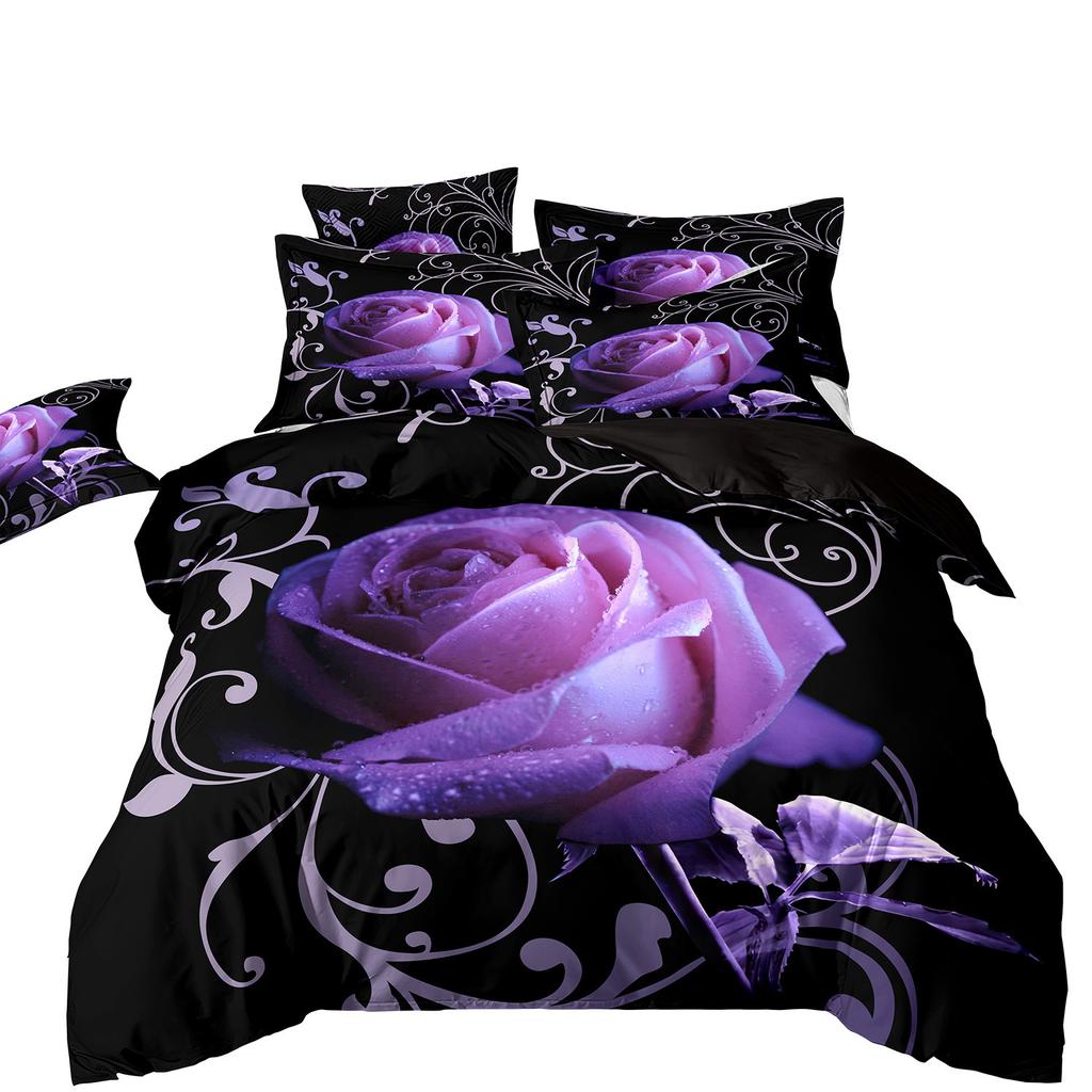 Three-Piece Rose Floral Style 3D Printed Quilt Cover Home Textile Bedding Kit