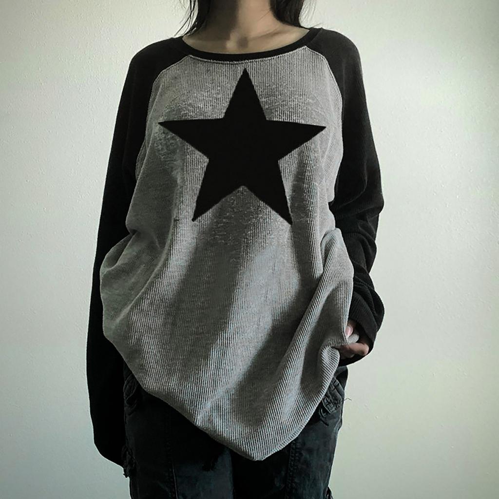 Kadın Harajuku Yıldız Baskı Parça Parça Sonbahar Rahat Artı Boyutu Gevşek Tee Vintage Kazak