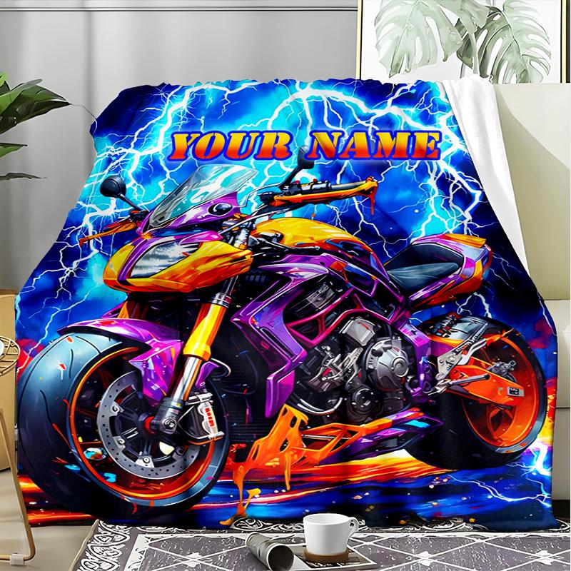 1PC Custom Name Electric Motorcycle Thunder outdooor Flannel blankets Patterns Throw Blanket All-Season Soft Gift for Couch, Bed, Camping gifts