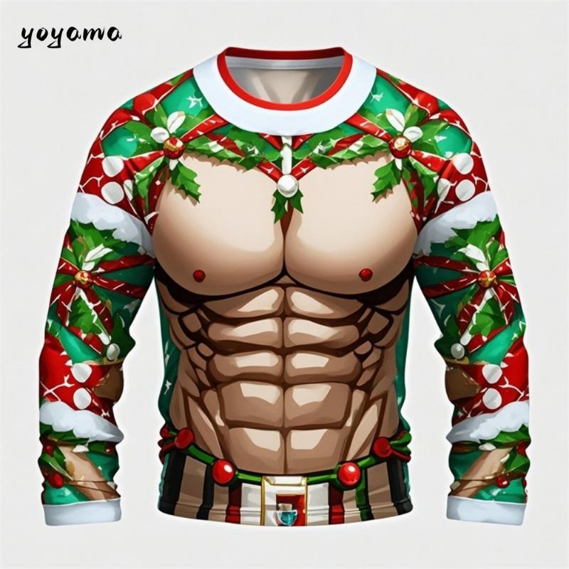 Zabawne brzydkie koszulki z nadrukiem 3D z fałszywymi mięśniami Świętego Mikołaja Xmas Męskie Damskie Koszulki z długim rękawem Moda Oversize Świąteczna odzież męska