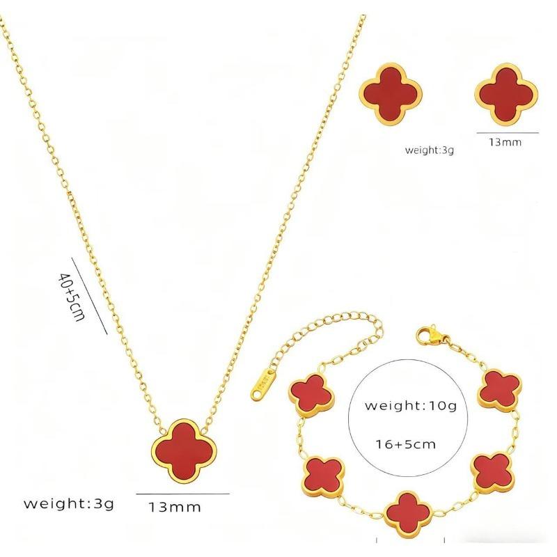 4PCS 13MM Double-Sided Smooth Mother-of-Pearl Four-Leaf Clover Set, Necklace, Bracelet, Earrings And Ring Set, Versatile Jewelry for Women