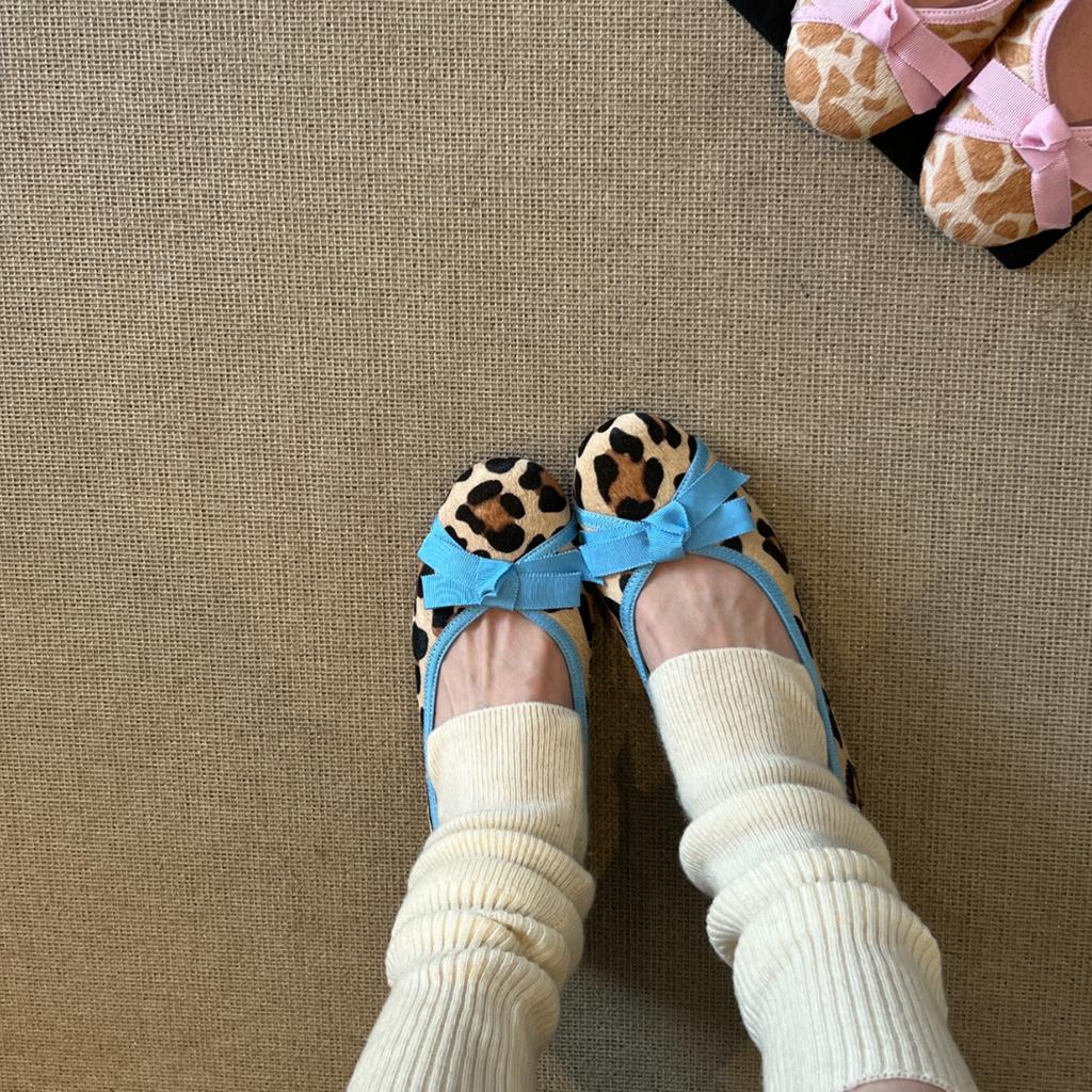 Sheepskin Version~ French Evening Breeze Bow Leopard Print Single Shoes Round Head Ballet Shoes One Pedal Shallow Mouth Flat Shoes Women