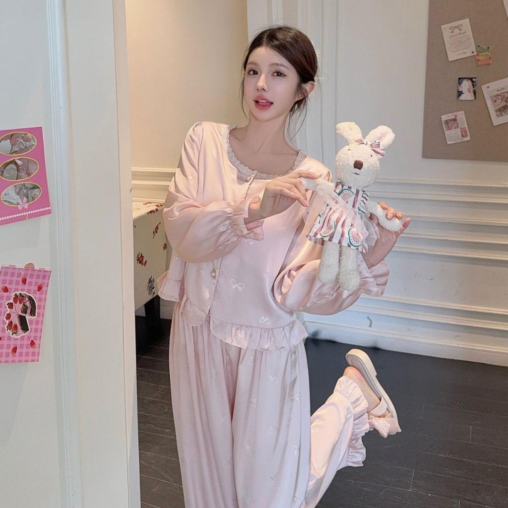 Autumn new jacquard national style pajamas long sleeves trousers retro lace loungewear court sweet high-end pajamas
