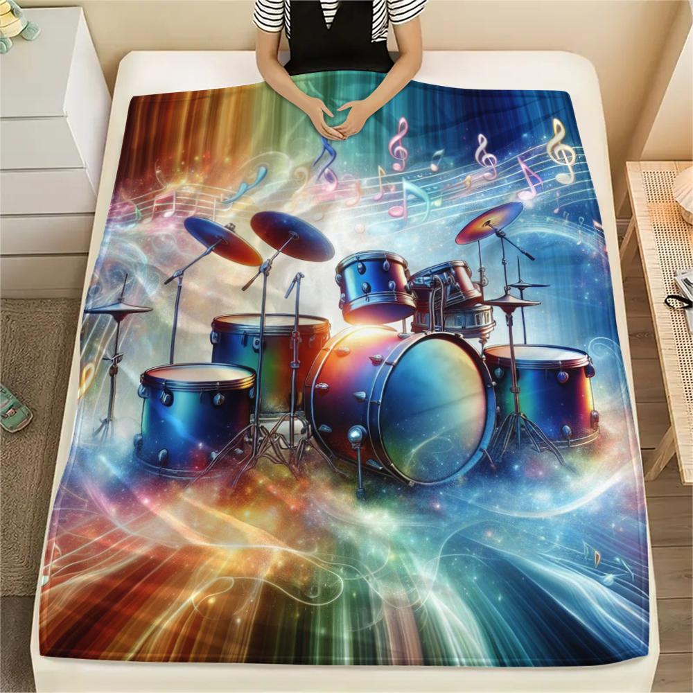 1Pc Drum Set Print Flannel Blanket, High Quality Comfortable for All Seasons, Home Decor, Warmth and Comfort, Perfect for Gifts