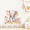 Cute Watercolor Baby Elephant with Flowers Wall Stickers, Ins Style Self-Adhesive Decor for Kids Room Wall Decoration