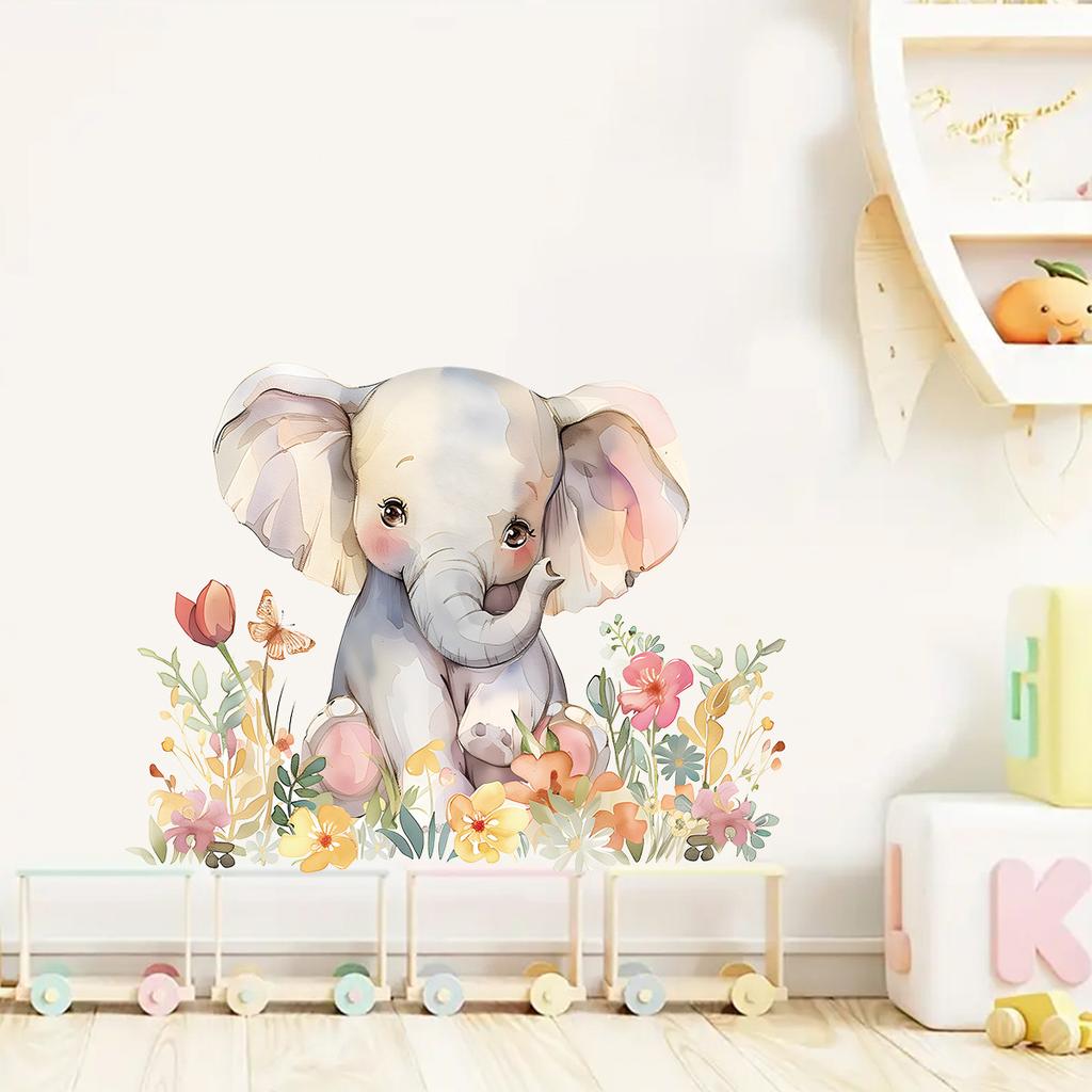 Cute Watercolor Baby Elephant with Flowers Wall Stickers, Ins Style Self-Adhesive Decor for Kids Room Wall Decoration