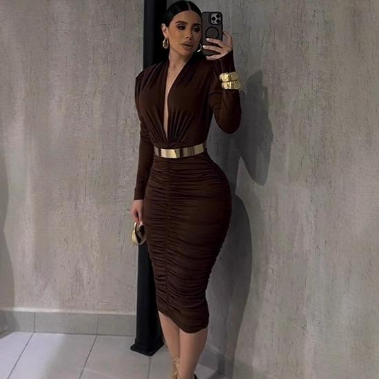 Autumn 2025 V-Neck Long Sleeve Fashionable Waist-Cinching Women s Dress XL