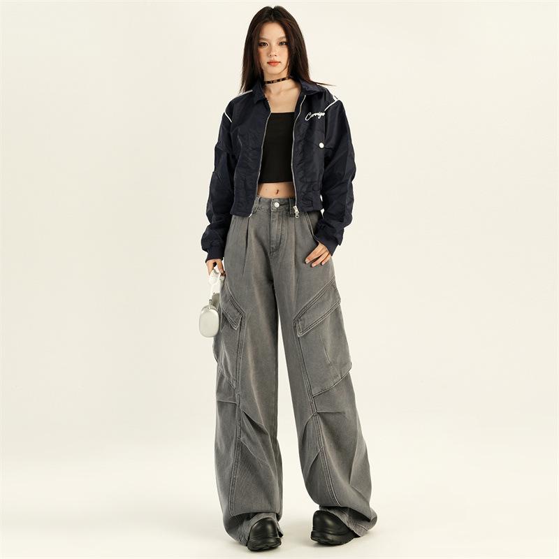 Women's American Retro Denim Overalls - Autumn 2024 Loose Slimming Wide-Leg Floor-Length Pants