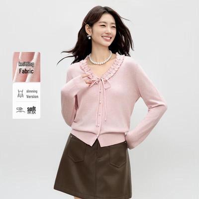 Qiusu Yiren Süßes Strick-Cardigan mit V-Ausschnitt und Rüschen