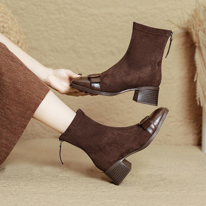 Square head thin boots women's 2025 new thick heel medium boots British retro black suede French small short boots