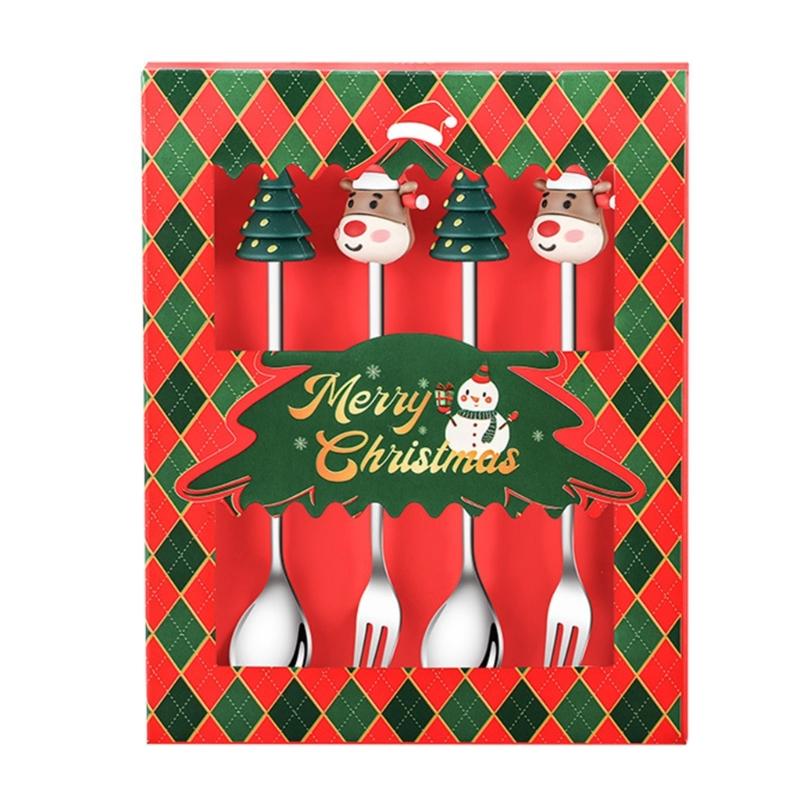 4Pieces Christmas Creative Cutlery Set Stainless Steel Tableware with Santa and Snowmen Designs for Holiday Dining