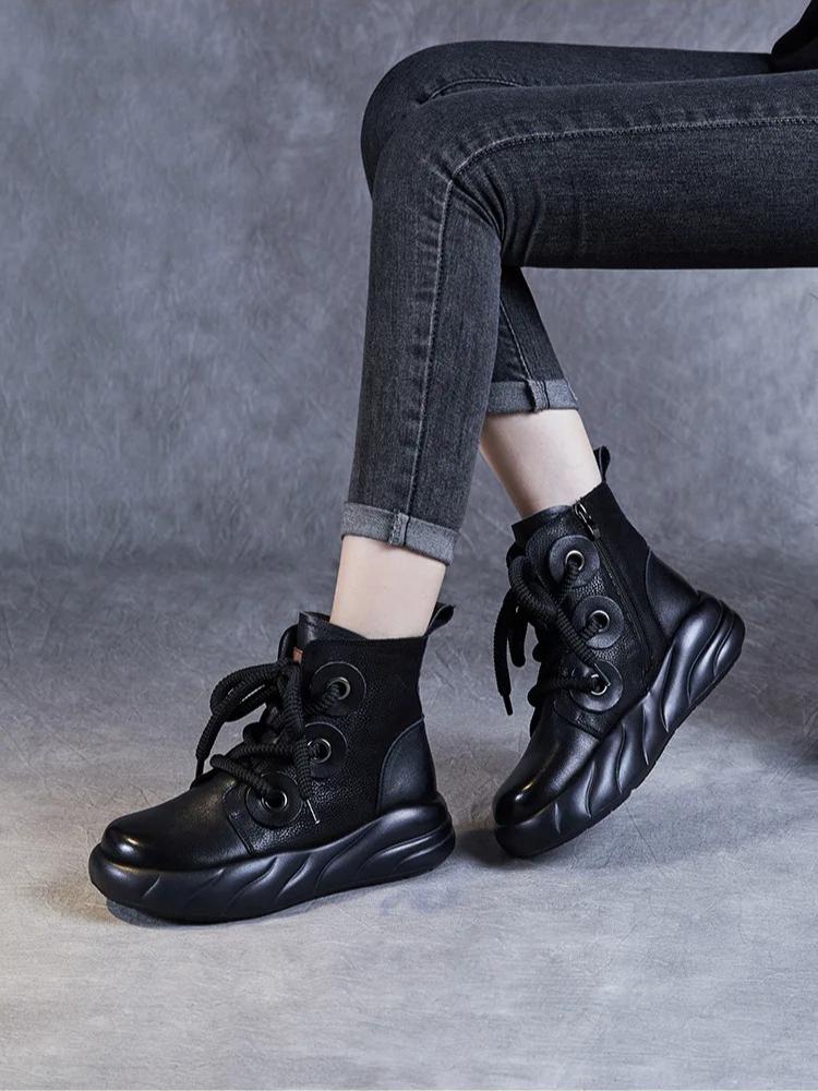 Johnature Genuine Leather Short Boots Retro Versatile Plush Warm Thick Bottom Side Zipper Women's Boots