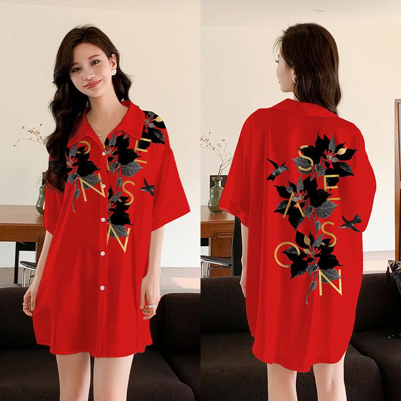 Ropa de Dormir Cómoda de Verano para Mujer Botones Delanteros Seda de Hielo Ropa para el Hogar Suelta Casual Estampada para Descansar