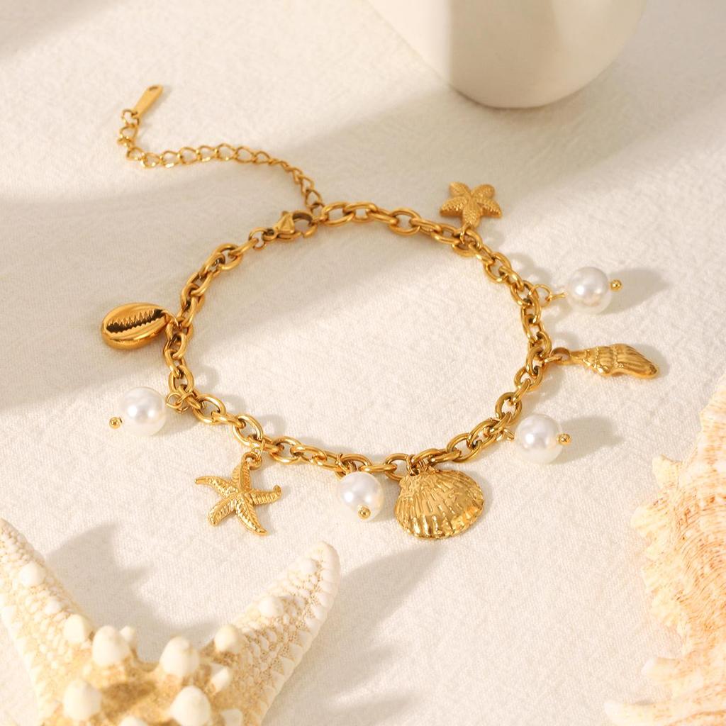 18k Gold Starfish Seashell Pearl Bracelet - Women's Versatile Seaside Vacation Accessory