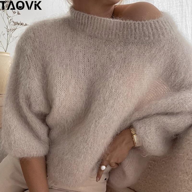 

TAOVK женские свитера с круглым вырезом, укороченный топ, пуловеры, однотонные, свободные, с длинными рукавами, повседневное теплое пальто три четверти, трикотажная одежда