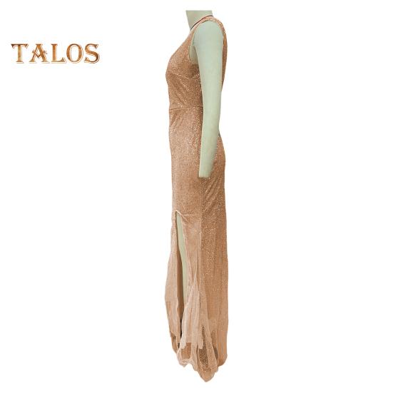 Vestido de noche para mujer, escote en V profundo, dobladillo dividido, lentejuelas, dobladillo ajustado de cola de pez, cierre de cremallera en la espalda, sin mangas, vestido de fiesta de cóctel, largo hasta el suelo, vestido de baile