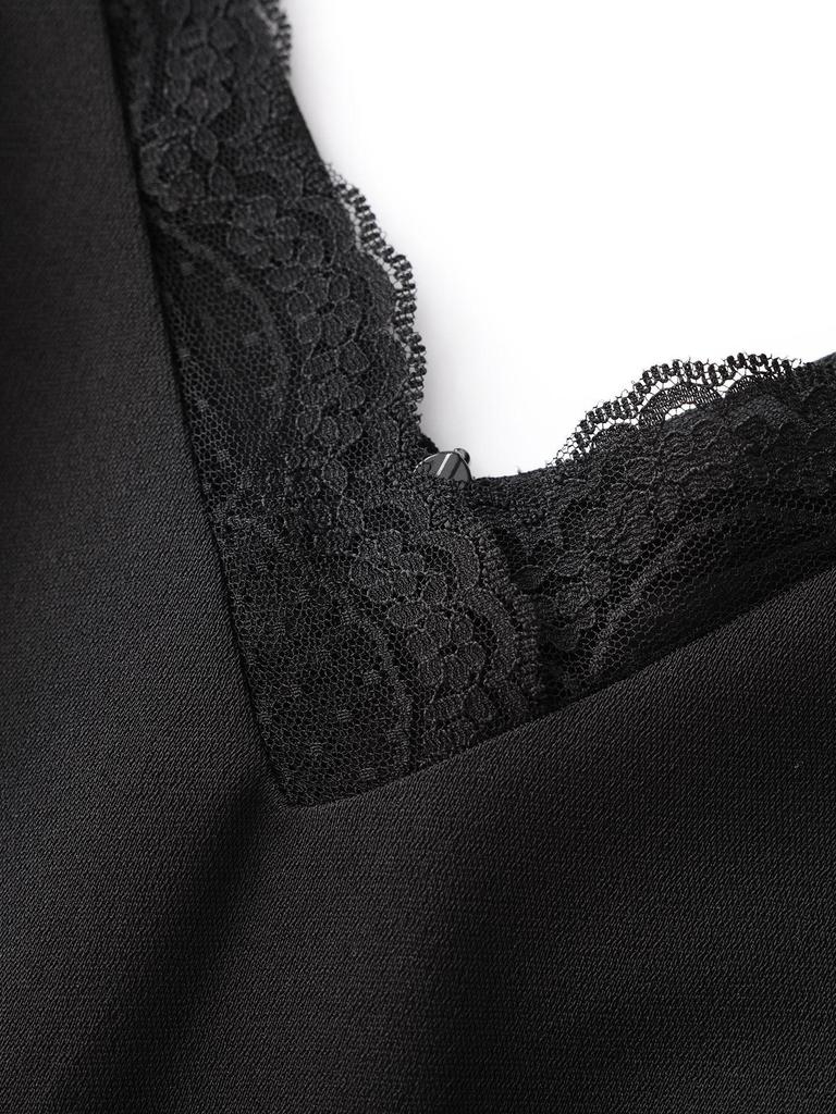 Nanyou Women's Spring V-Neck Lace Patchwork Crystal Waist-Cinched Dress
