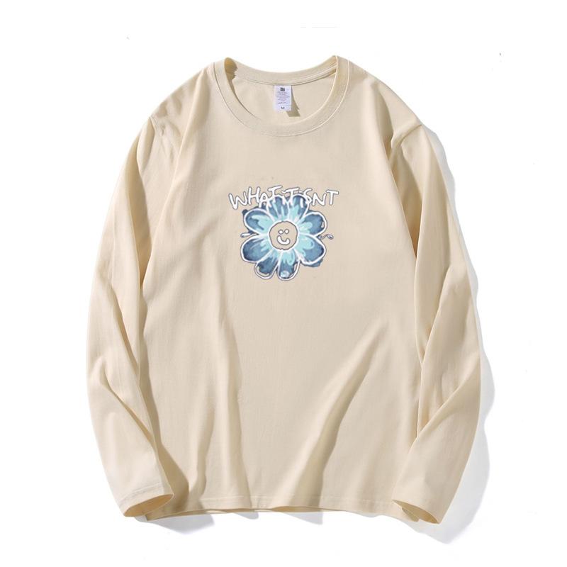 Ladies Spring Autumn Long Sleeve Crew Neck Oversize Loose Flower Printed Pullover T Shirt  Top for Layering