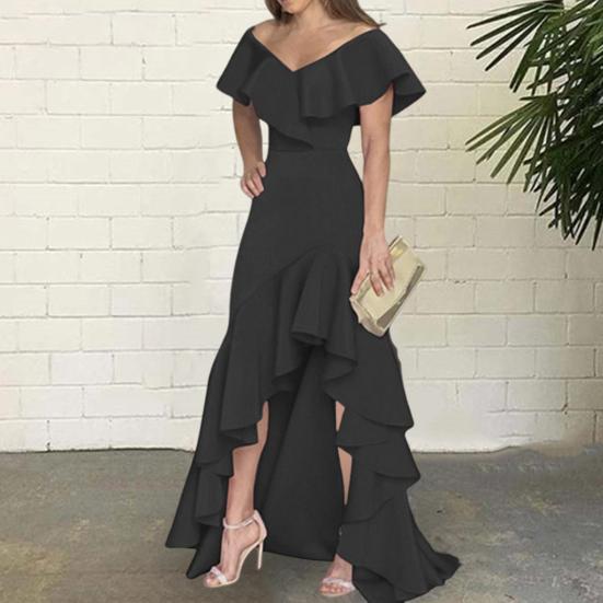 Women Evening Dress Ruffle Patchwork V Neck Slim Fit Irregular Hem Sleeveless Floor Length Pure Color Ball Gown Party Banquet Maxi Dress