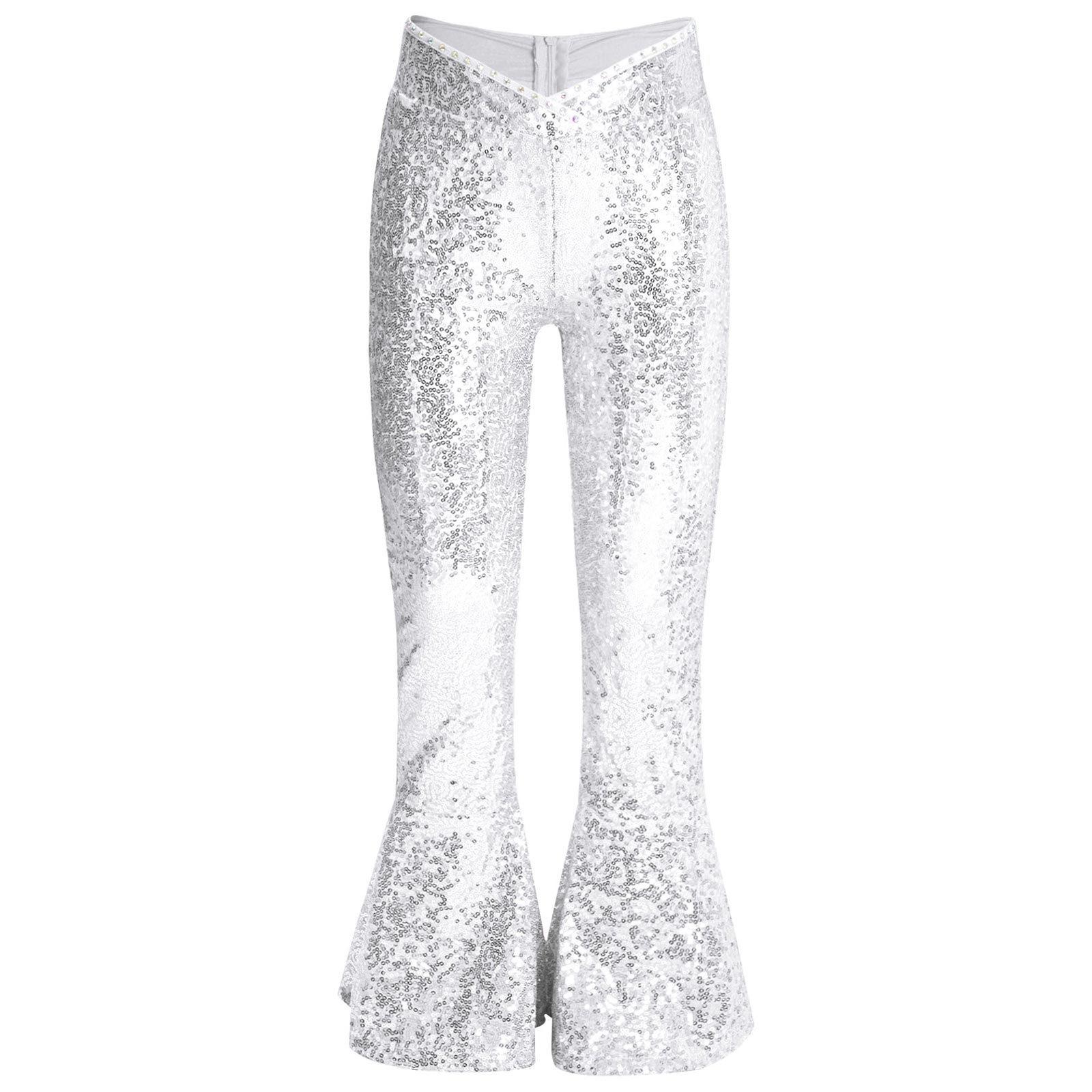 

Girls Dance Trousers Sparkle Rhinestone Adorned Sequin Zipper Flared Hem Competition Pants 9-10 Years срібний