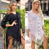 Women Beach Cover Up V-neck Half Sleeve Backless Design Cover Up Solid Color Loose Fit Hollow Crochet Tassel Anti-UV Vacation Dress
