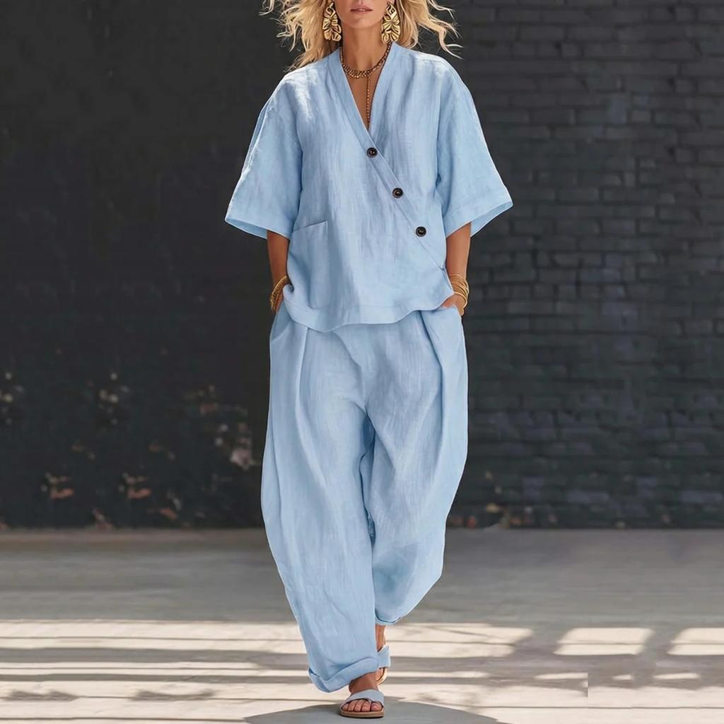 Women's Fashionable Casual Loose-Fit V-Neck Short-Sleeve Two-Piece Set
