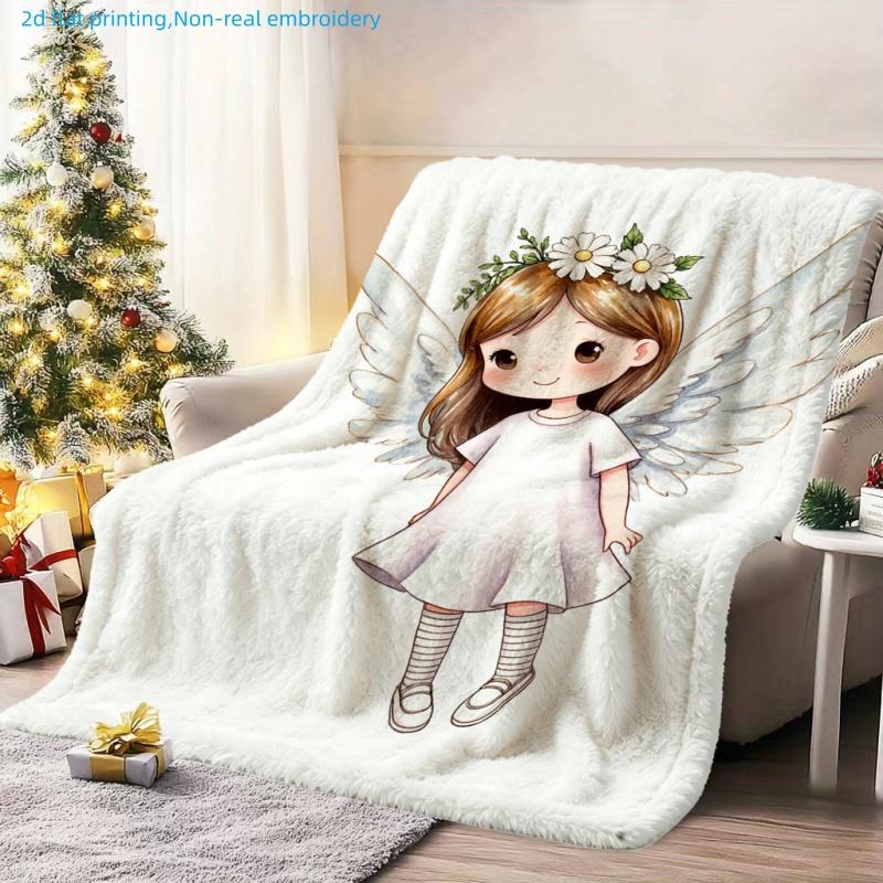 1pc Cute Cartoon Angel Print Blanket, Warm and Cozy, Multiple Sizes Available, Suitable for Living Room, Bedroom, Study, Office, Balcony