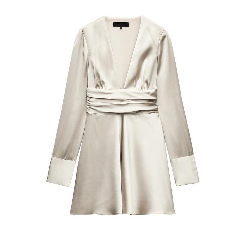 Spring New Women's Clothing French Style Elegant Fashion Silk Satin Texture V Neck Short Version Dress 4764245