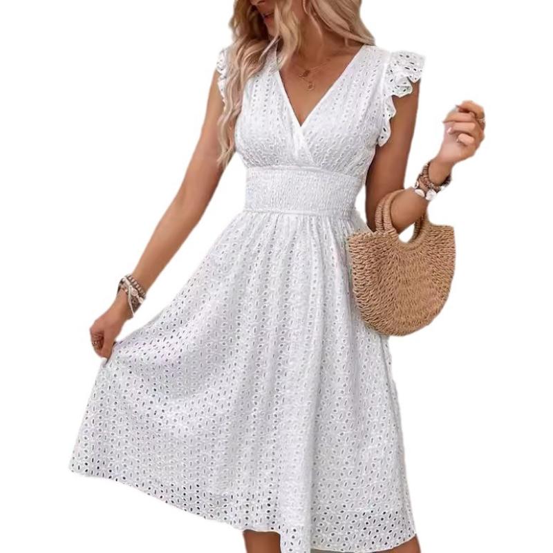 Ladies Summer Solid V-neck Lotus Leaf Sleeves Elegant Dress