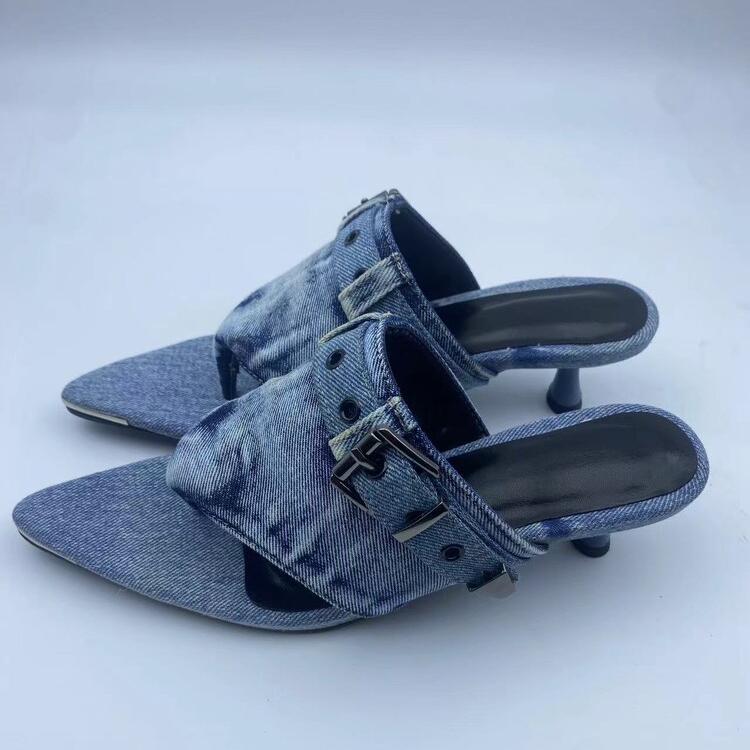 Fashion Brand Blue Denim Belt Buckle Hollow Out Fashion Slippers Summer New Comfortable Women's 5.5cm Low Heel Commuting Sandals Size 43