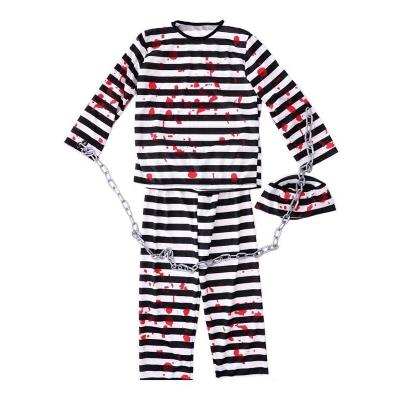 Kids Halloween Prisoner Costume Set With Faux Plastic Chain And Striped Hat For Cosplay Role Play Party