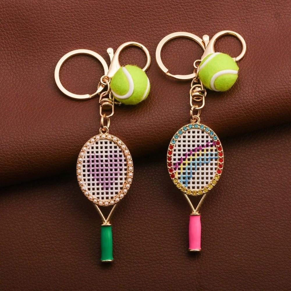 Alloy Inlaid Rhinestone Tennis Racket Keychain Mini Felt Ball Sports Keychain Pendant for Women