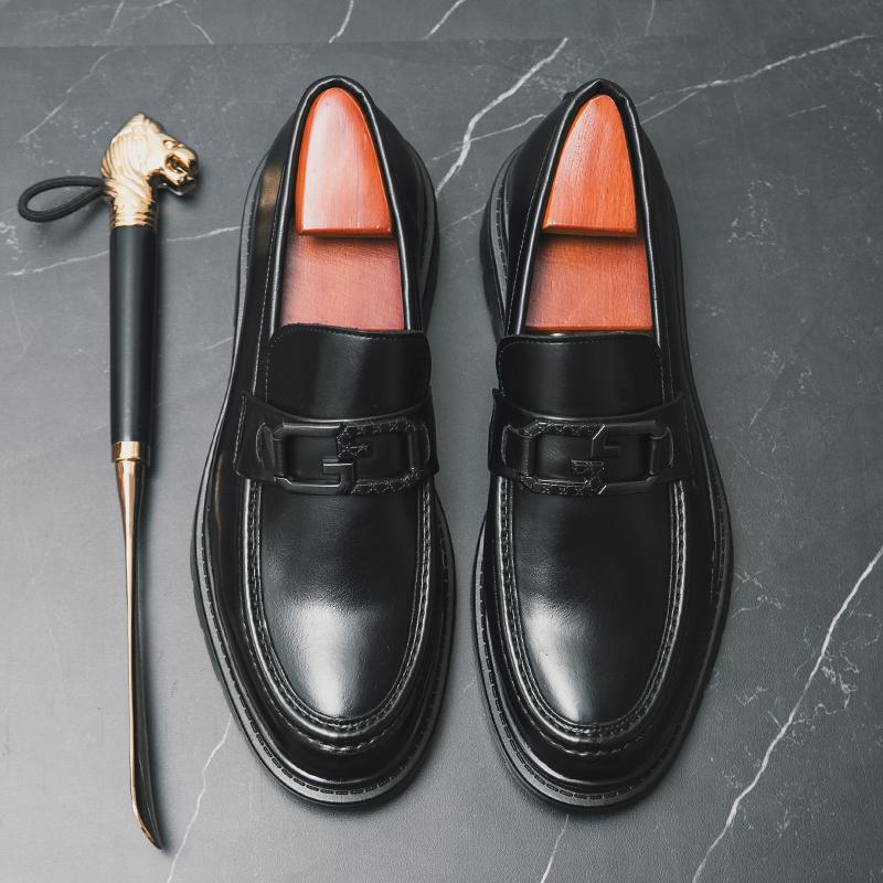 Summer New British Street Style Black Genuine Leather Loafers For Men's Daily Casual Party Dress Height Increasing Shoes Men