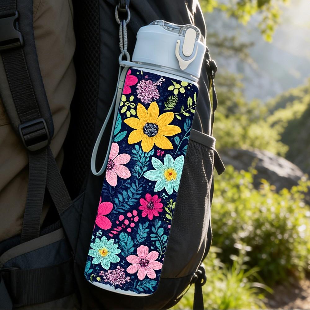 1PC Bright Multicolor Daisy Floral Print 750ml Color Plastic Sports Water Bottle Leakproof Flip Straw Lid Suitable for Sports Office Home Use