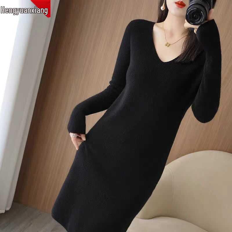 Hengyuanxiang Women's V-Neck Cashmere Sweater Dress - Mid-Length, Long Sleeve, Knitted