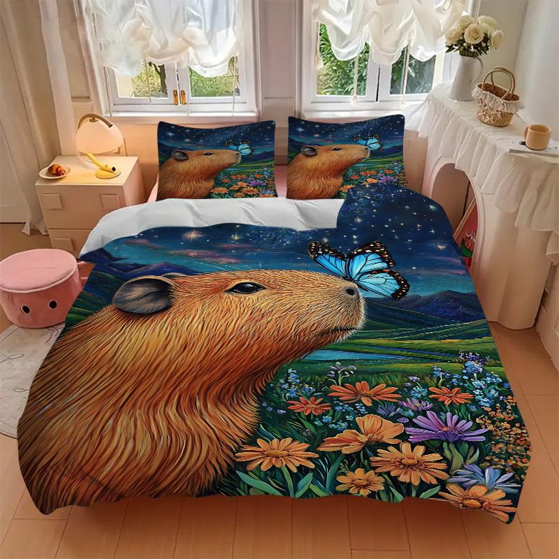 3pcs Capybara, Butterfly Duvet Cover Set - Machine Washable, Includes 1 Cover and 2 Pillowcases, No Core Included yy251013131