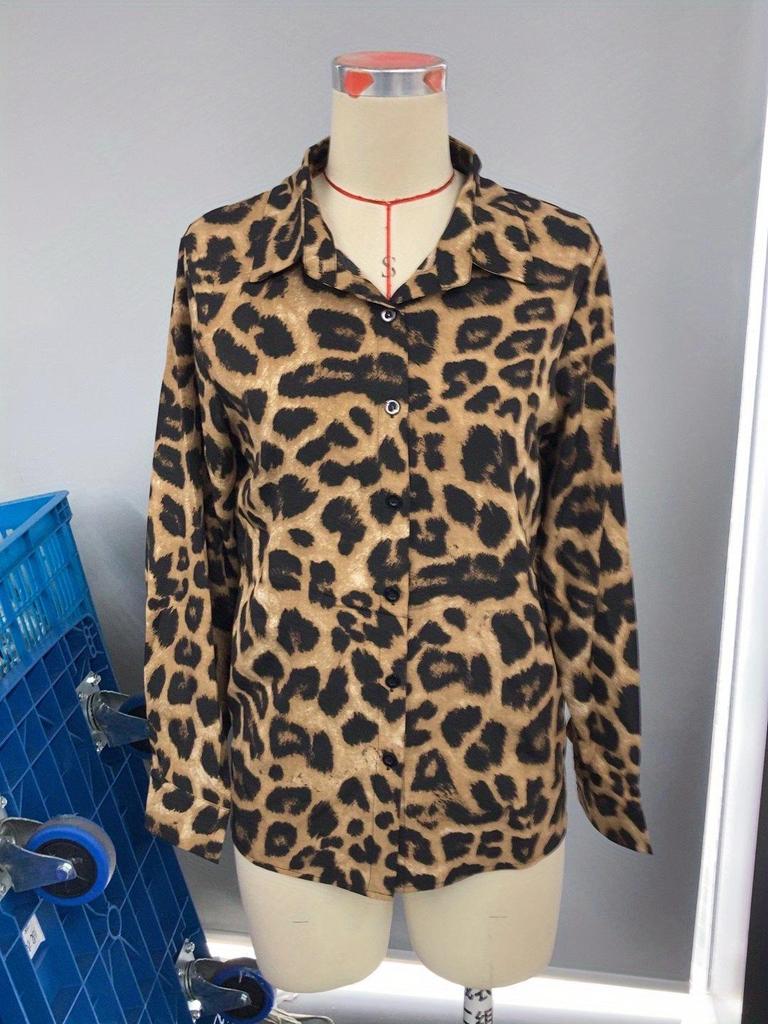 Cross-Border Women's Long-Sleeve Leopard Print Collar Shirt