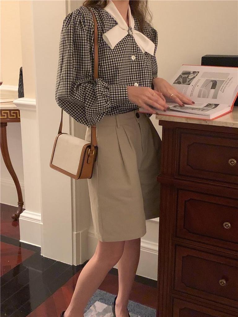 Korean Chic 2025 Spring Retro Color Block Plaid Bow Stand-Up Collar Loose Long-Sleeve Shirt for Women