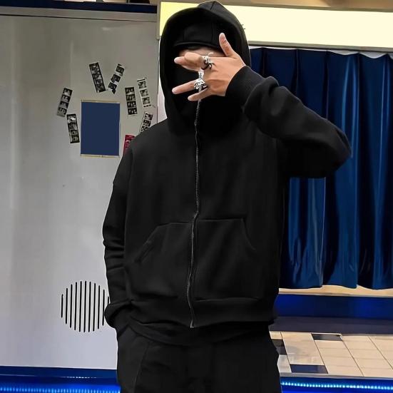 Unisex Balaklava Hettegenser Varm Løs Hettejakke Glidelås Casual Jakke med Ansiktsmaske for Høst Vinter Utendørssport Streetwear