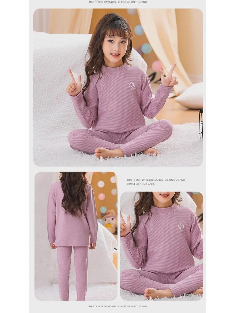 Barns Dubbelsidigt Plysch Termiskt Pyjamas Set - Höst Randig Överdel & Underdel för Pojkar och Flickor