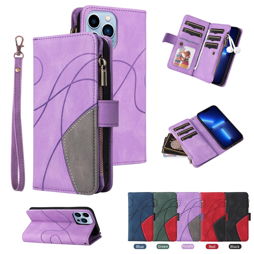 Applicable to iPhone15 mobile phone leather case 13Pro two-color splicing 9-card zipper money handbag protective case XS