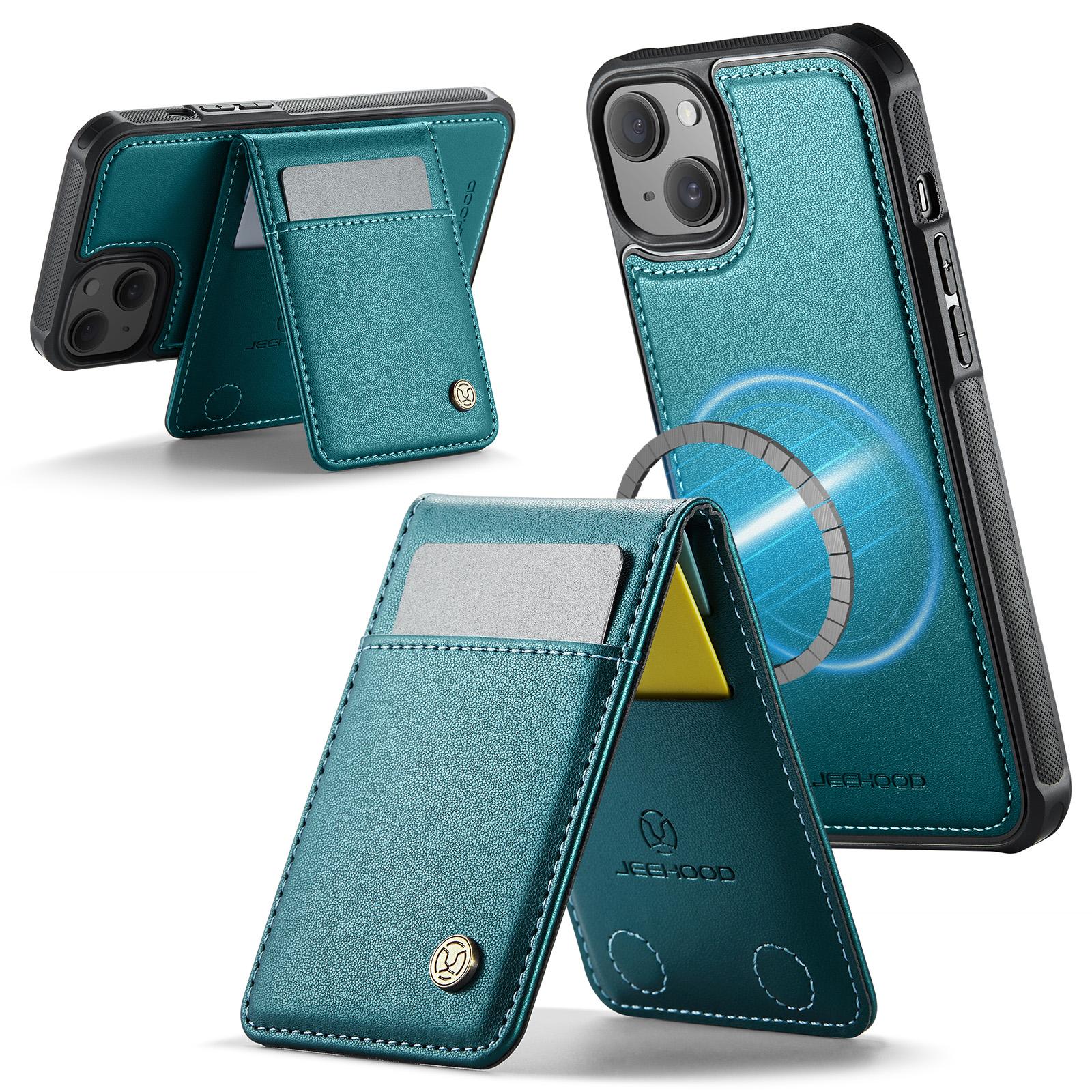 

For iPhone 15 Plus Leather Back Cover Compatible with MagSafe JEEHOOD J06 Phone Case with Card Bag RFID Blocking Purple