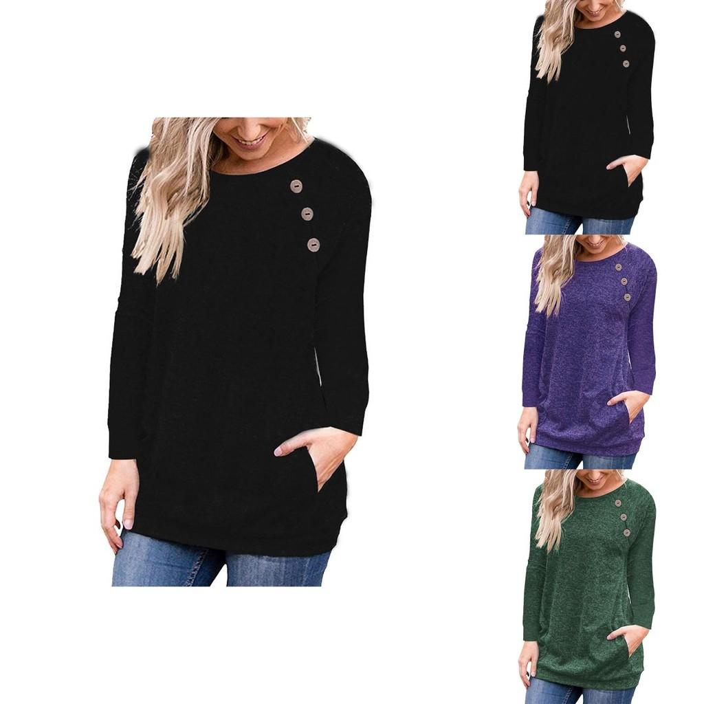 Stylish Women's Pullover Long Sleeve Solid Button Sweatshirt Top For Casual Wear