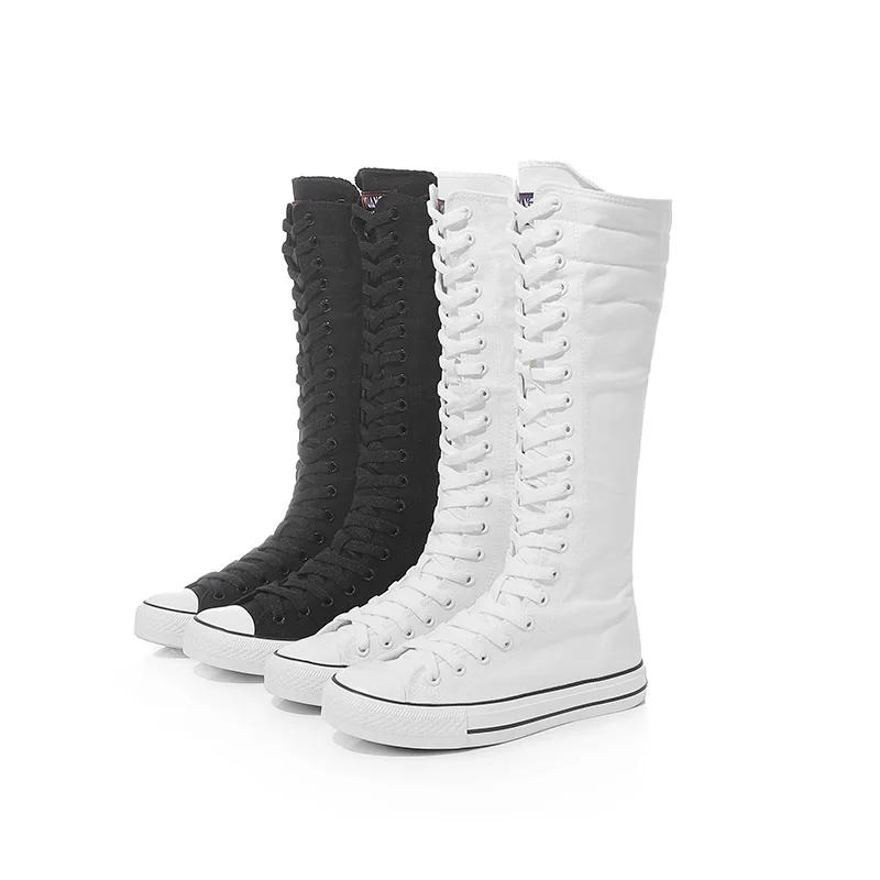 Summer High Top Women's Shoes Knee High Boots Side Zipper Flats Vulcanized Shoes Lace-Up Comfortable Platform Sneakers Female