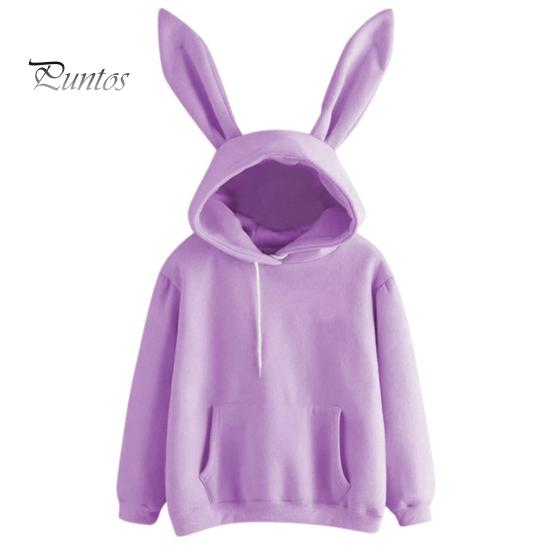Winter Hooded Sweatshirt Women Fall Hoodie Bunny Ear Decor Solid Color Loose Long Sleeve Cold Weather Elastic Cuff Drawstring Soft Warm Casual