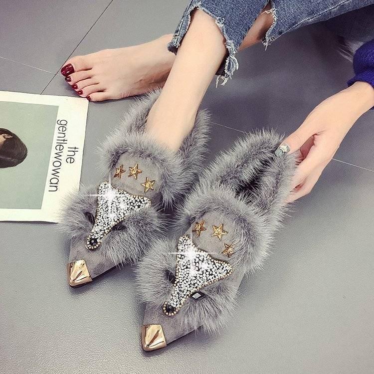 Pointed Hair Shoes Chic New Autumn Beanie Shoes Social Flat-soled with Diamond Shoes