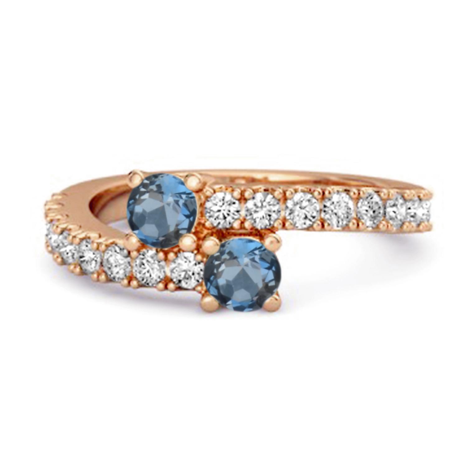 London Blue Topaz Twin Stone with Accents Bypass Ring - 925 Sterling Silver Rose Gold Vermeil 11
