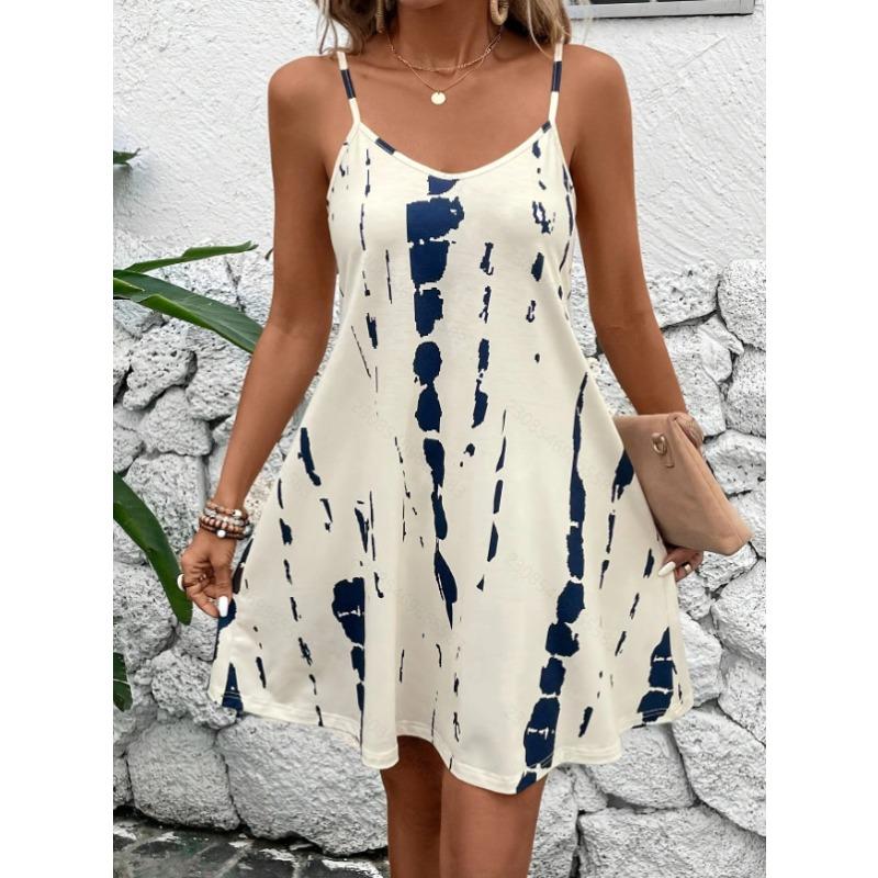 TIFICY Women s Fashion Summer Spring Colour Block Print Sleeveless V-Neck Loose Waistline Casual Dresses S белый
