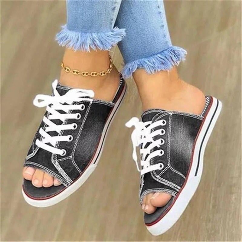 Spring and summer fish mouth denim lace-up casual flat bottom women's cool slippers large size lace-up slippers women