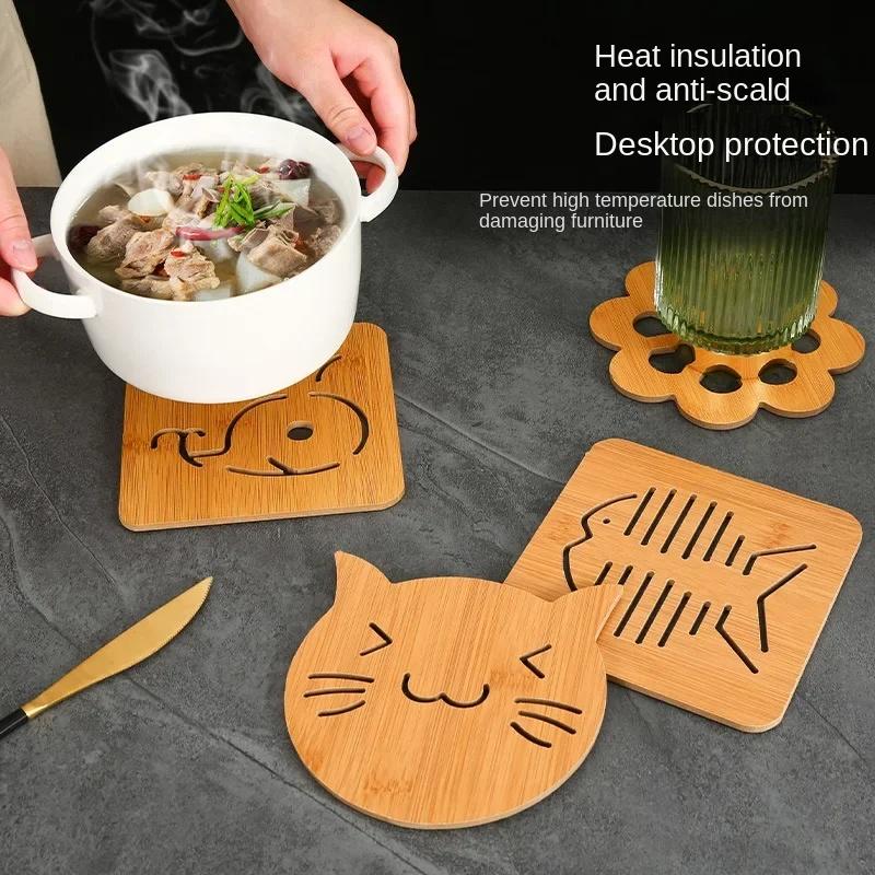 Cartoon Hollow Wooden Coasters Kitchen Tableware Thickened Anti-scalding Heat Insulation Wooden Non-slip Pan Bowl Pad